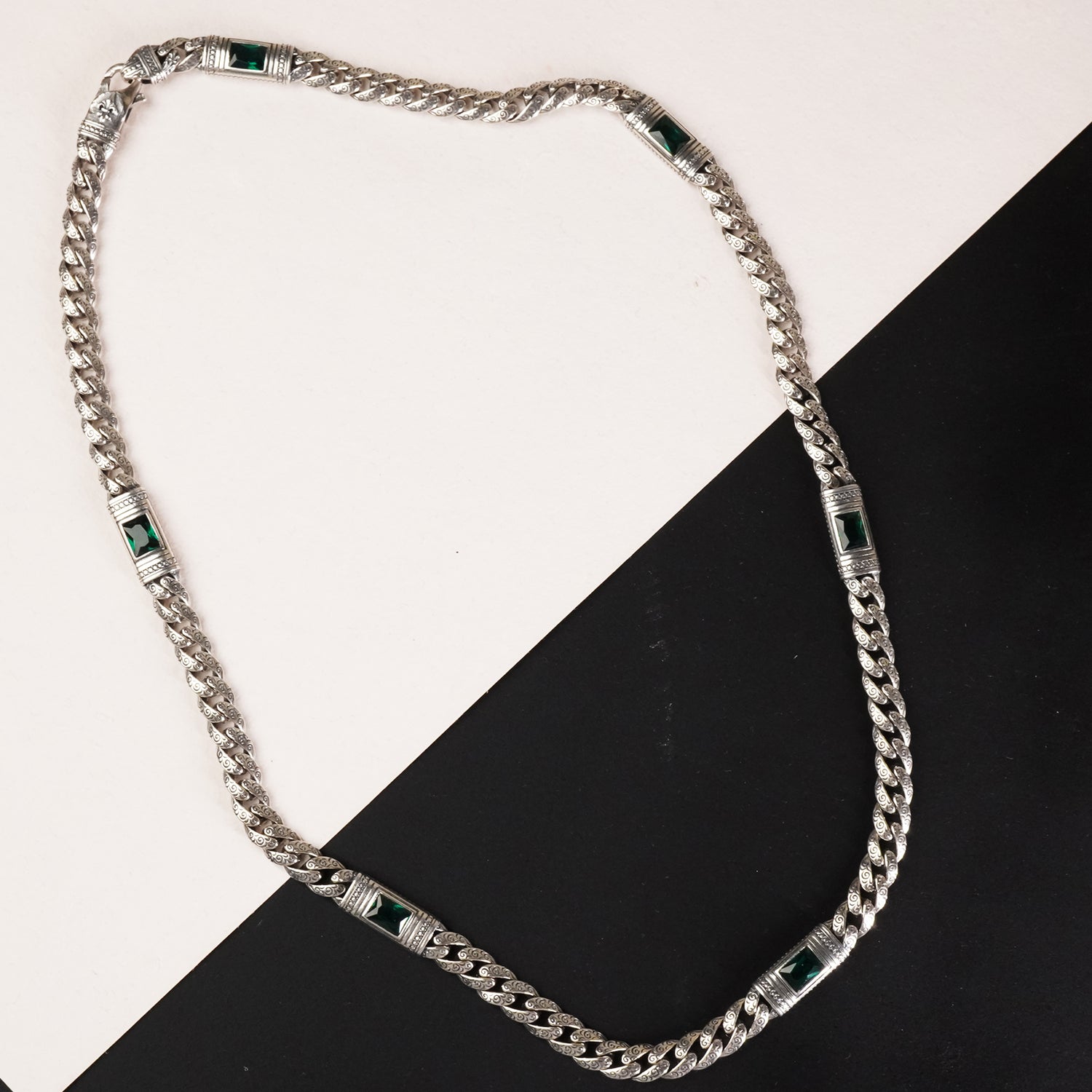 Mystic Green Stone Mens Silver Chain 21"