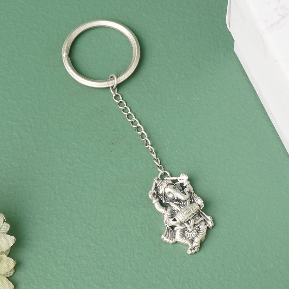 Dancing Ganeshji pure silver keychain with Damru