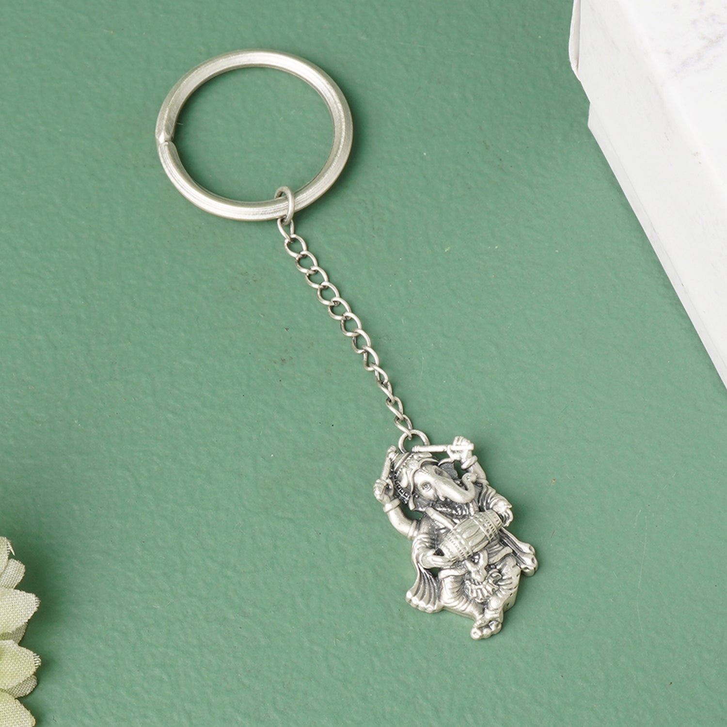 Dancing Ganeshji pure silver keychain with Damru