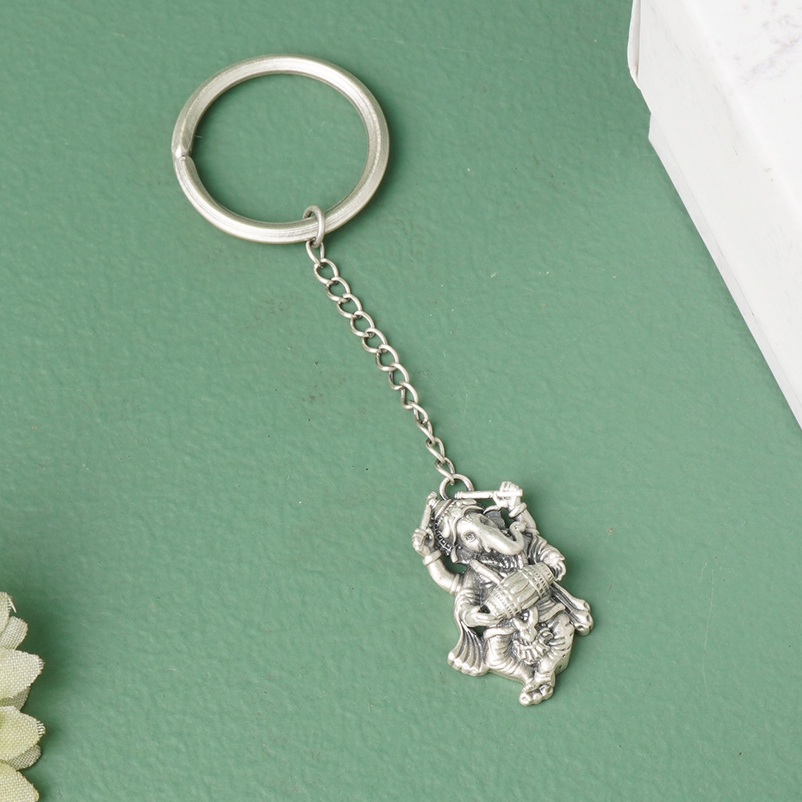 Dancing Ganeshji pure silver keychain with Damru