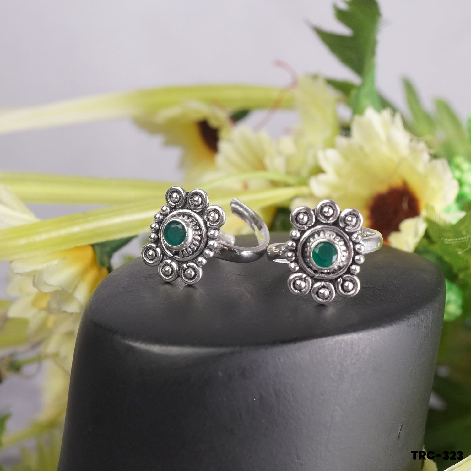 Pure Silver Toe Rings With Green Flower Stones - Daily Wear