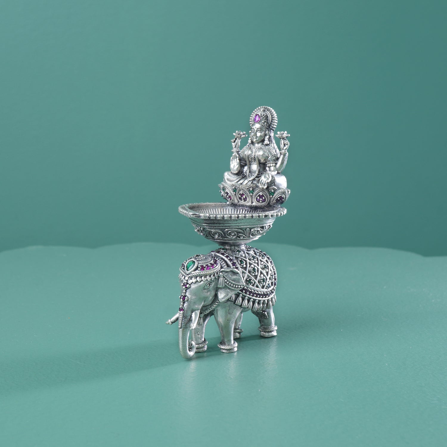 925 Sterling Silver Hathi Laxmi Diya Studded With Stones