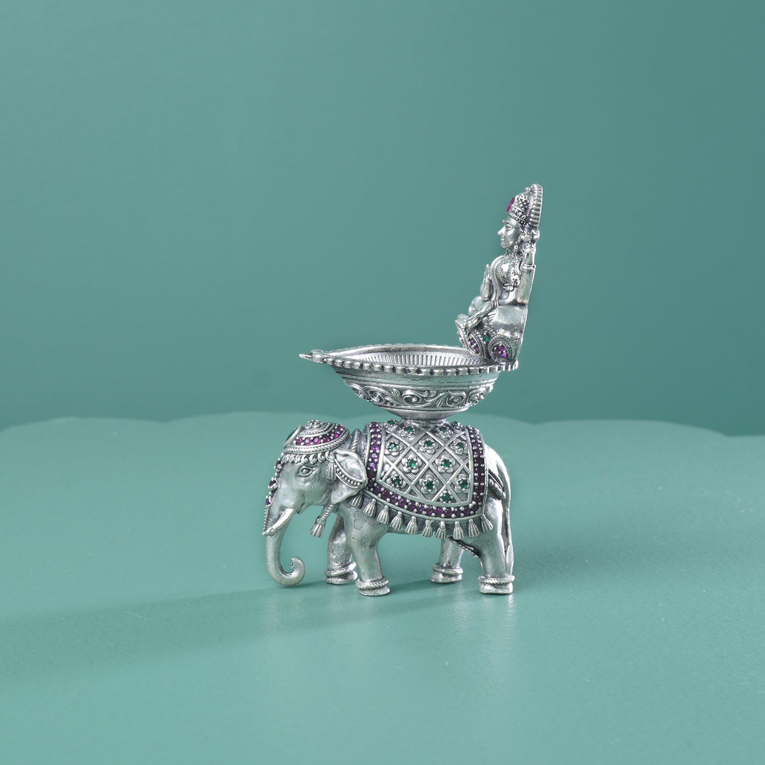 925 Sterling Silver Hathi Laxmi Diya Studded With Stones