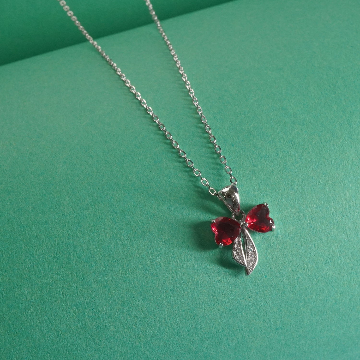 Silver Red Bow Charm Chain Necklace