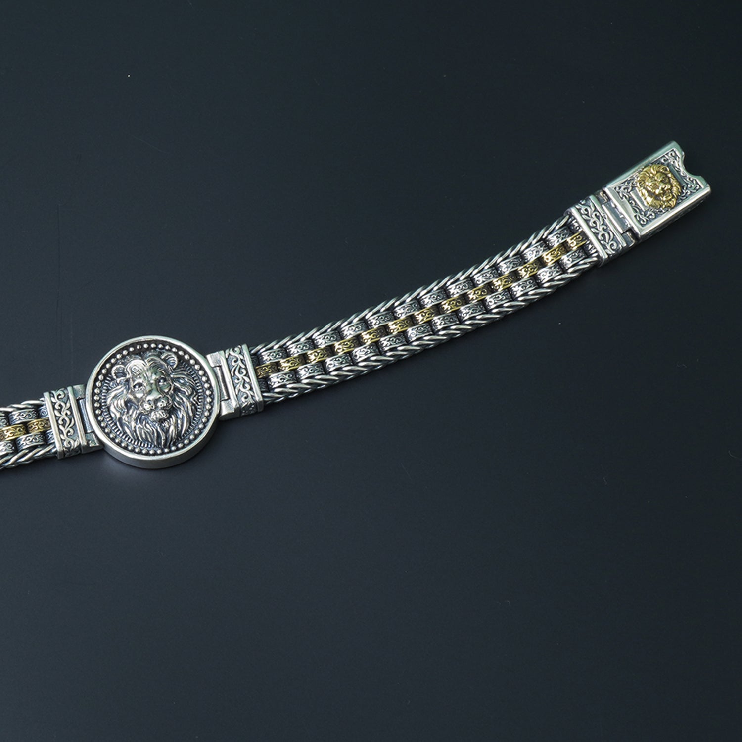 Lions Turn Dual Tone Cuban Silver Bracelet