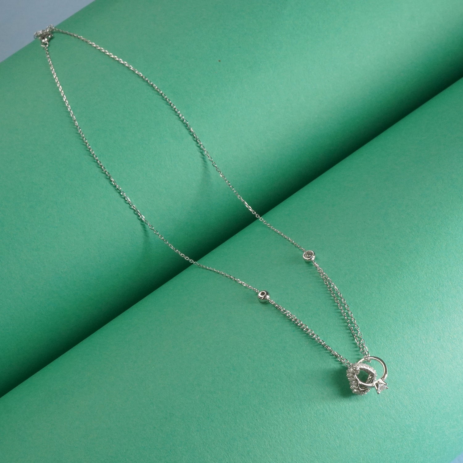 Silver Cute Heart & Ring Charm Chain Necklace