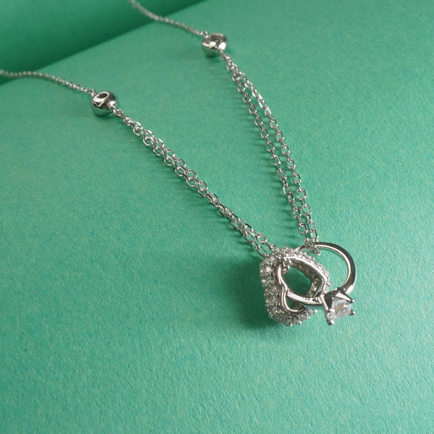 Silver Cute Heart & Ring Charm Chain Necklace